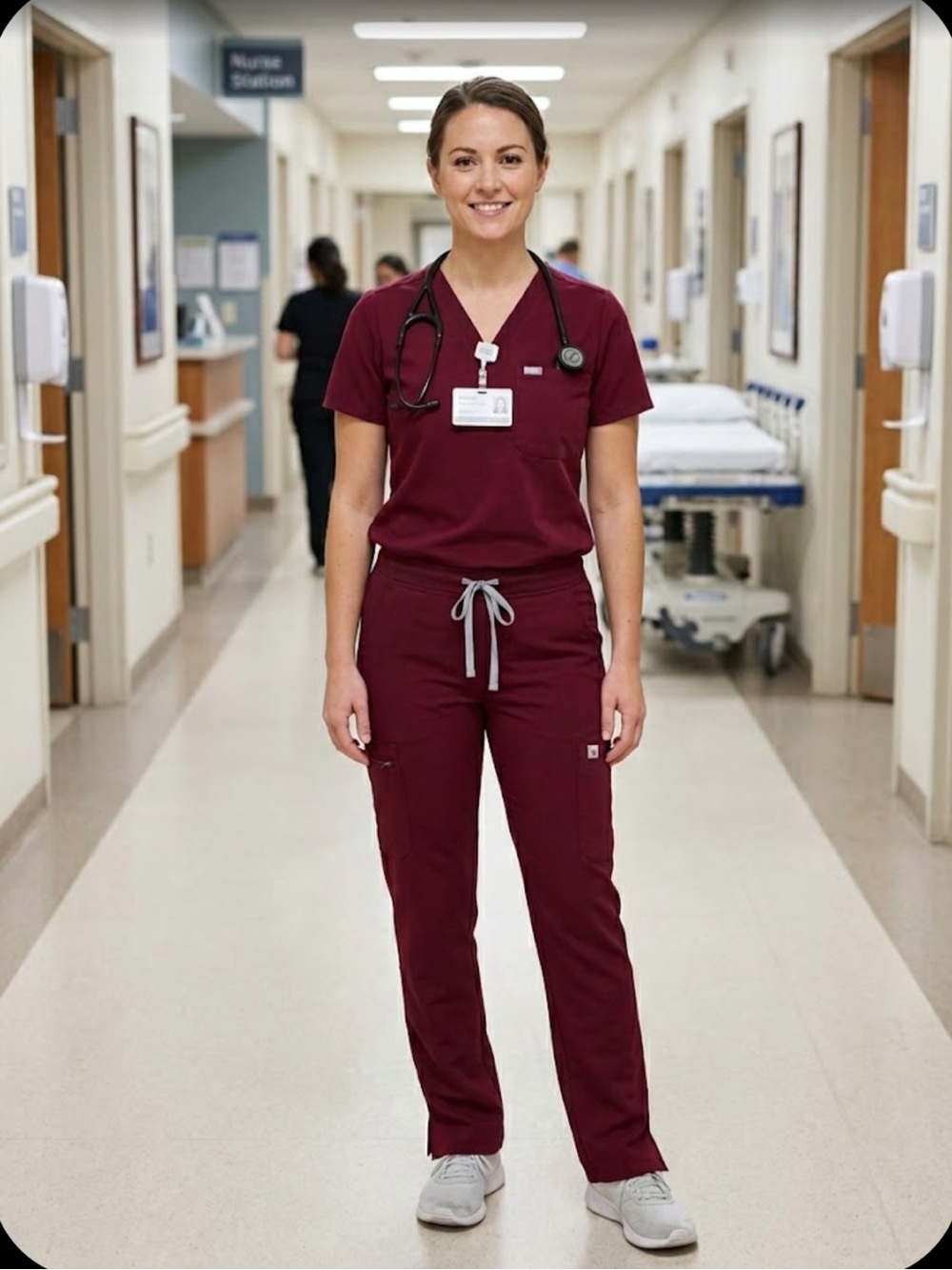 FIGS Scrub Set Nursing Uniform Top & Pants Burgundy Gray Trim.